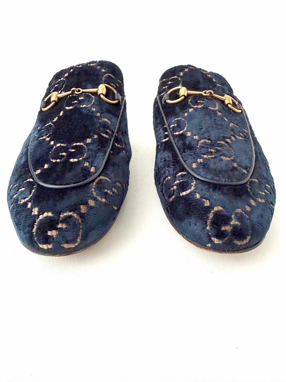 GUCCI | Princetown GG Velvet Horsebit Mules Flats Slippers Navy Blue Gold EU 39 - Picture 4 of 10